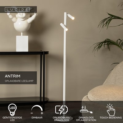 Lucide ANTRIM - Oplaadbare Leeslamp Binnen/Buiten - Accu/Batterij - LED Dimb. - 2x2,2W 2700K - IP54 - Met draadloos oplaadstation - Wit